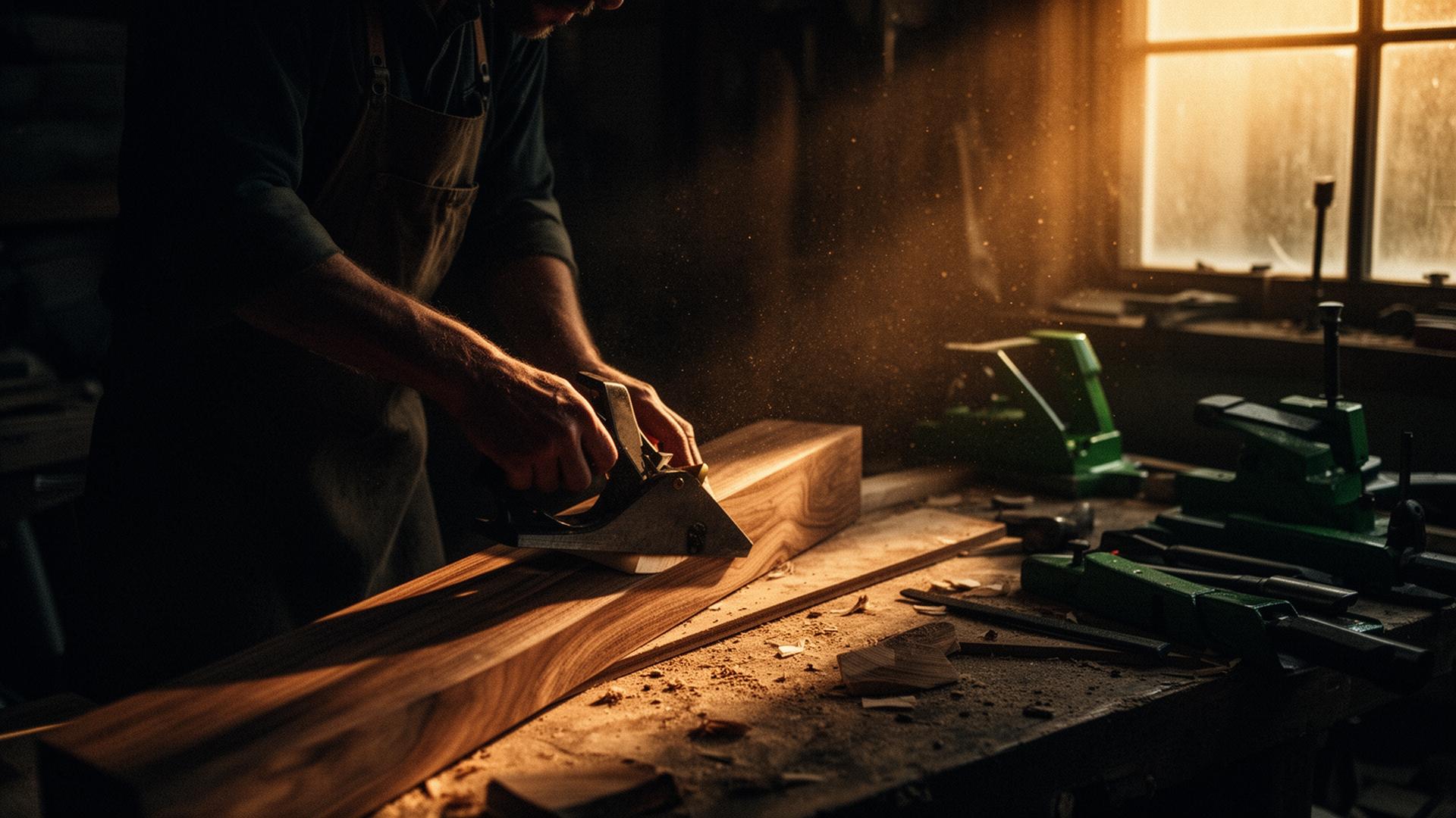 Craftsman hand-planing walnut in a warm-lit workshop